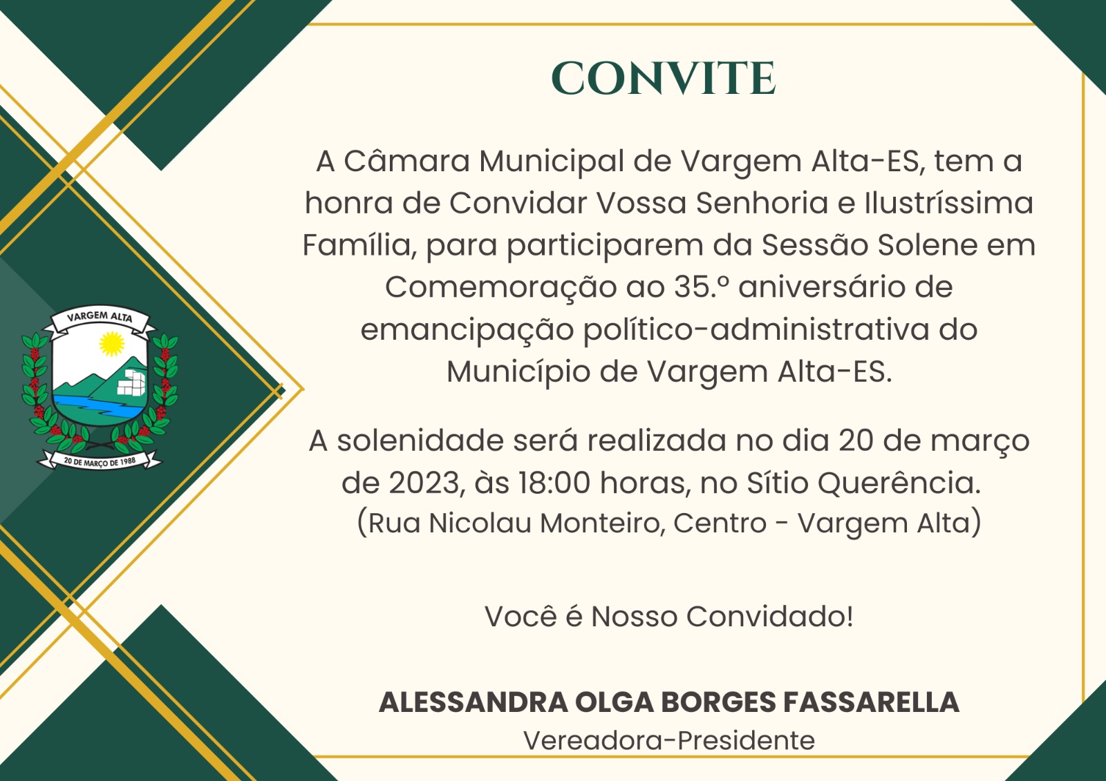 SESSÃO SOLENE - 35º ANIVERSÁRIO DE EMANCIPAÇÃO DO MUNICÍPIO DE VARGEM ALTA