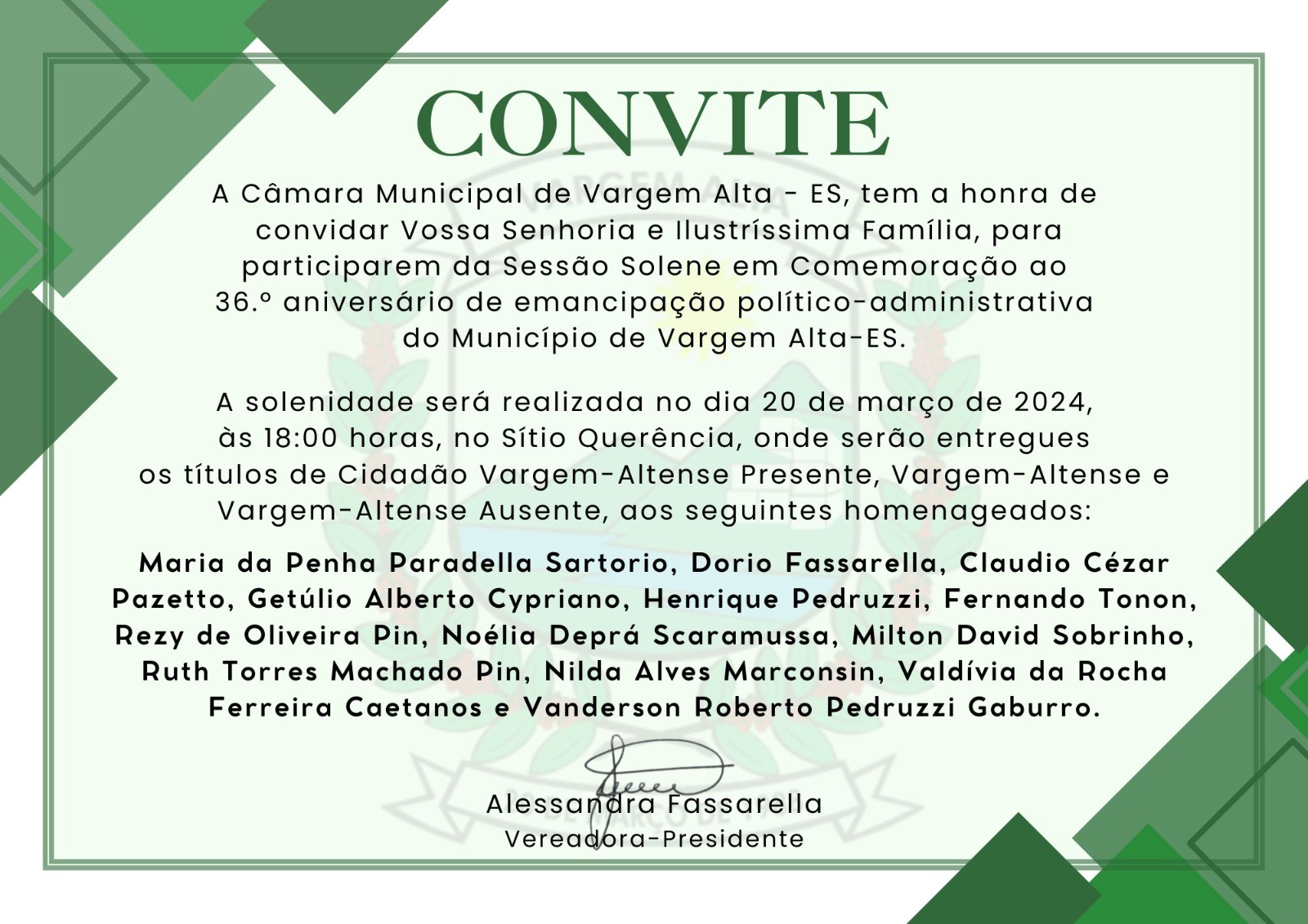 Sessão Solene em Comemoração ao 36º aniversário de emancipação político-administrativa do Município de Vargem Alta